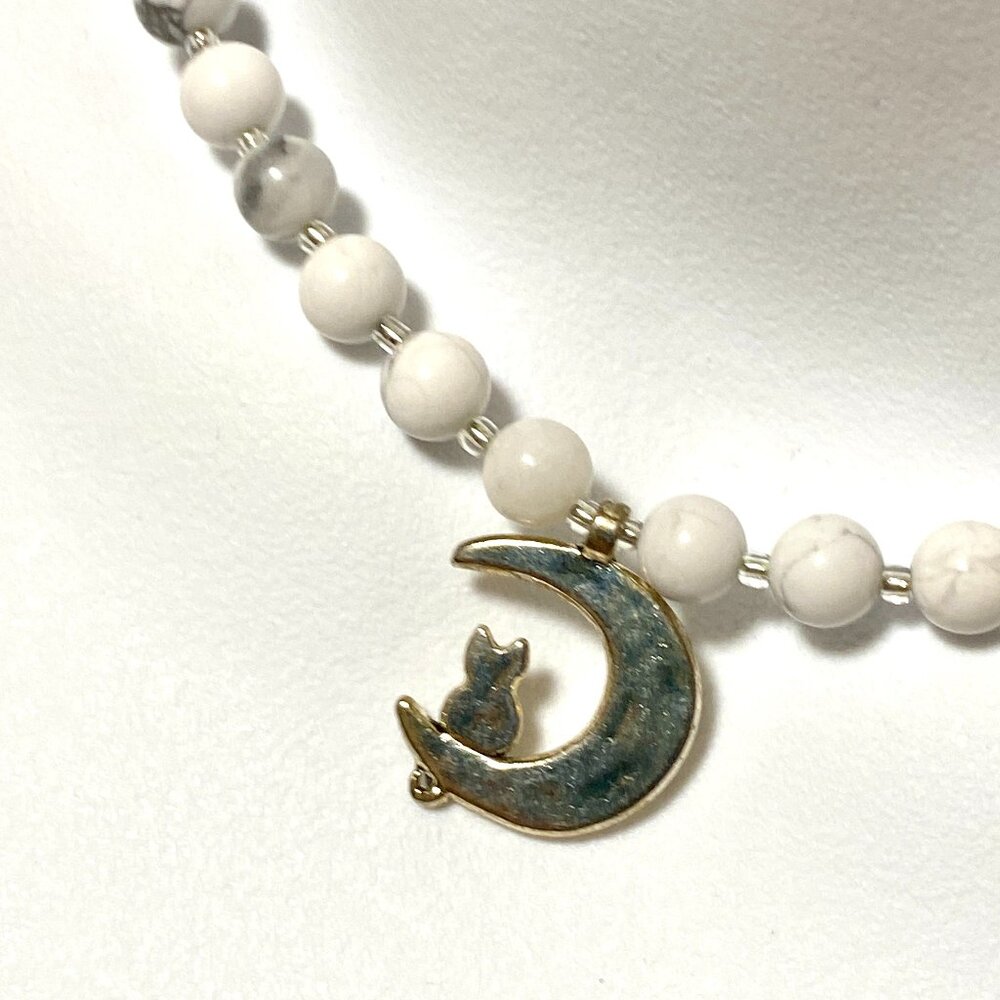White Magnesite Silver Cat on the Moon Necklace, Genuine Gemstone Beaded Choker
